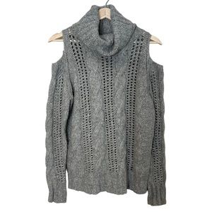 Cliche Wool Blend Turtleneck Cable Knit Cold Shoulder Sweater Gray Size S Chunky